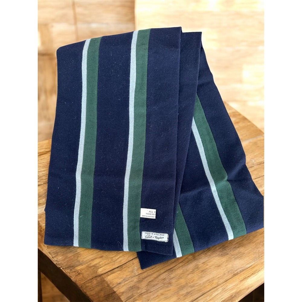 Rare VTG Lord & Taylor Blue Green Striped All Wool Scarf Made In England